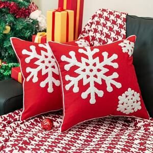 Square Christmas Snowflake Cotton Embroidery Throw Pillow Cover 18x18 1 Pair Red